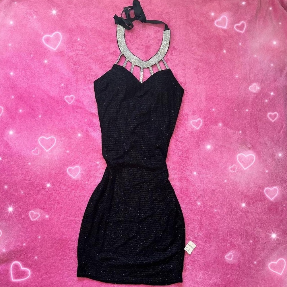 Y2K Black & Silver Glitter Halter Dress